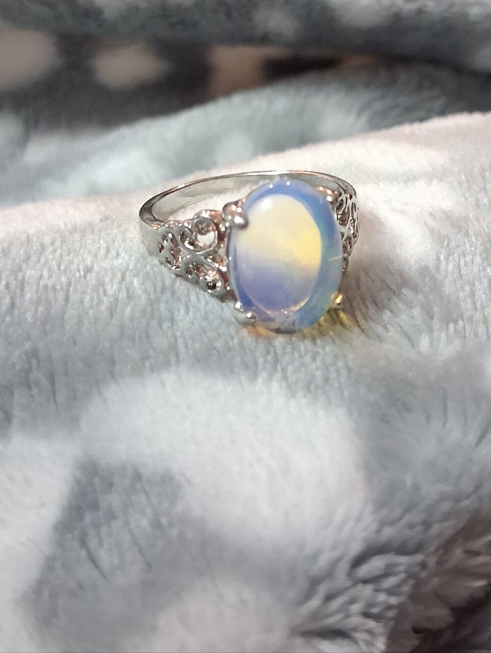 Opalescent Blue Filigree Silver Ring - Women Jewelry